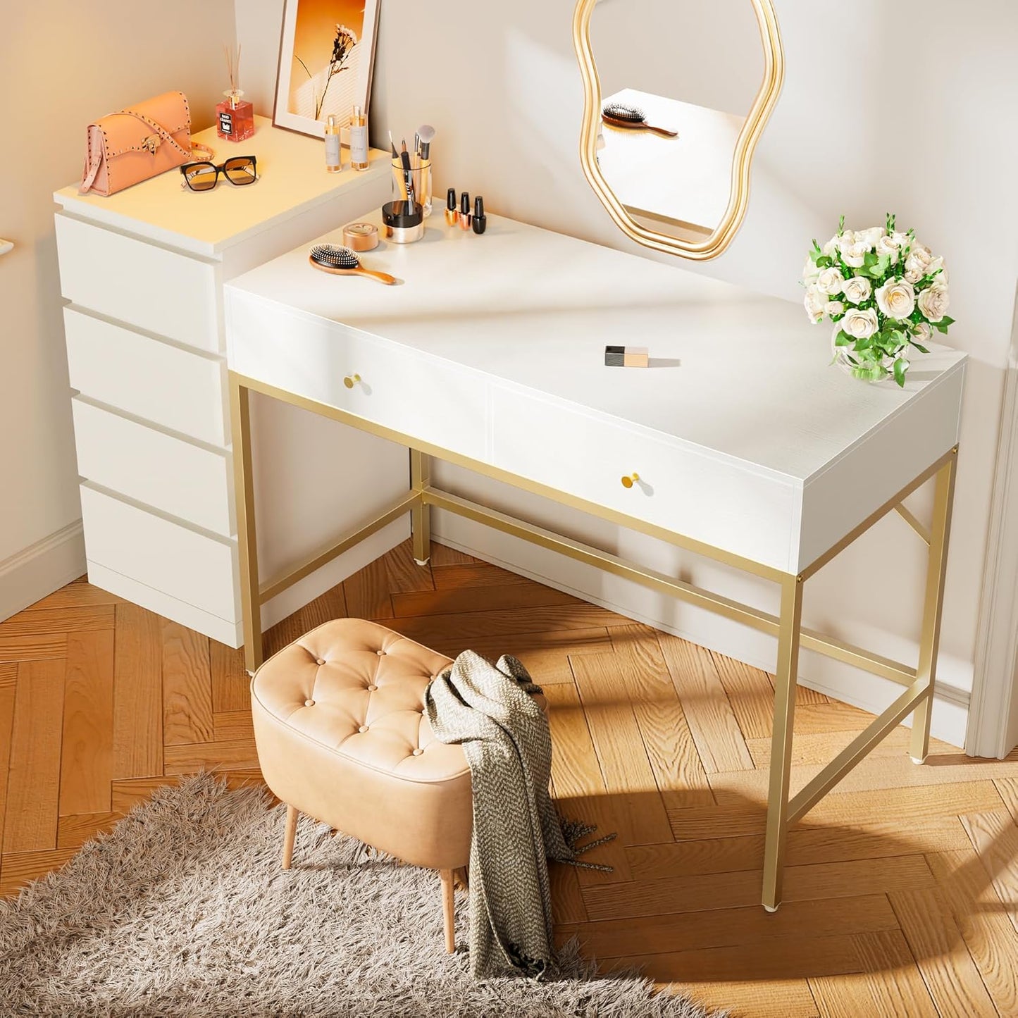 Vanity Desk with Drawers, 47 Inch Computer Desk, Modern Simple Home Office Desks, Makeup Dressing Table for Bedroom - White and Gold