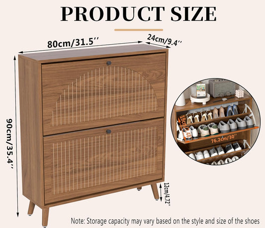 Shoe Storage Cabinet for Entryway with 2 Flip Drawers, Narrow Wood Shoe Cabinet with Fluted Panel, Freestanding Hidden Shoe Organizer for Foyer, Hallway (Walnut)