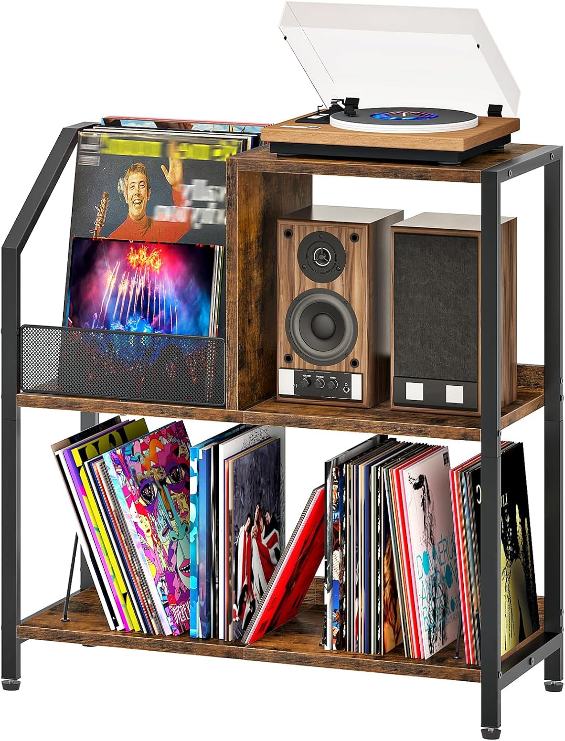Large Record Player Stand, Vinyl Record Holder, Vinyl Display Rack, Rustic Turntable Display Stand, for Books, Rustic Brown and Black TCW08BF