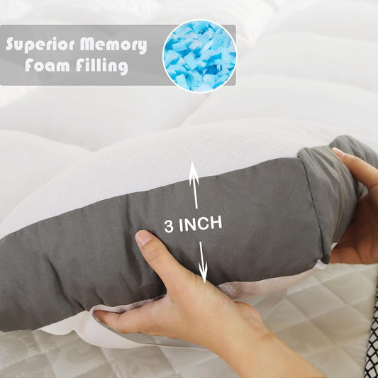 Memory Foam Mattress Topper Queen Size Memory Foam Filled Warming Cooling Fluffy & Soft Pillow Top, Anti-Slip Bottom, 4 Elastic Straps, 80X60 Inch, Queen