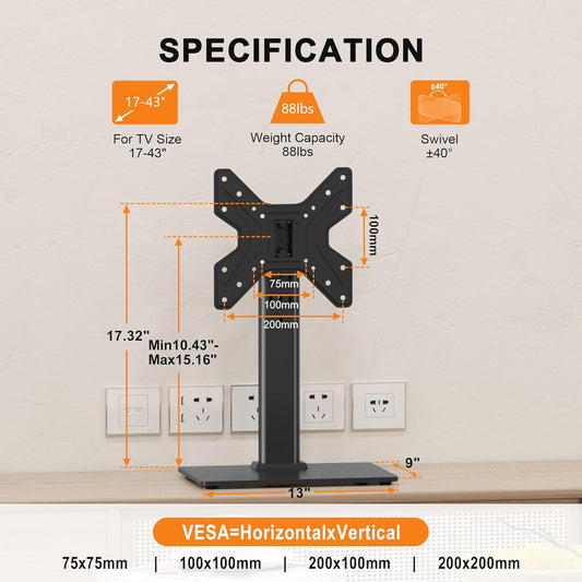 Universal Swivel TV Stand Base Table Top TV Stand for 17-43 Inch Tvs Height Adjustable Monitor Mount Stand, Holds up to 88Lbs, Max VESA 200X200Mm, TS205