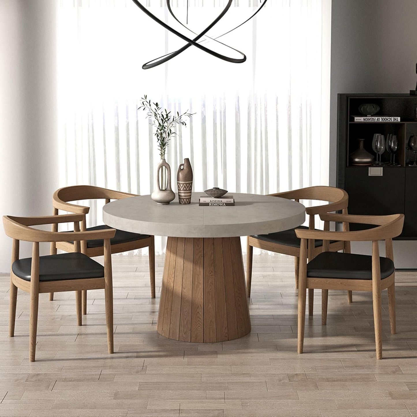 round Extendable Dining Table with Pedestal Base, 39"-55" Expandable Dining Room Table Oval Kitchen Dinette Table for 4-6 (Gray & Walnut)