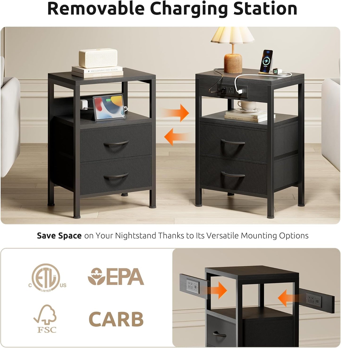Nightstand Bedside Charging Table Bedroom - Night Stand with Charger Station, Modern Nightstand with Open Shelf & 2 Fabric Drawers, Bed Side Table with USB-C USB Ports & AC Outlets for Dorm, Black