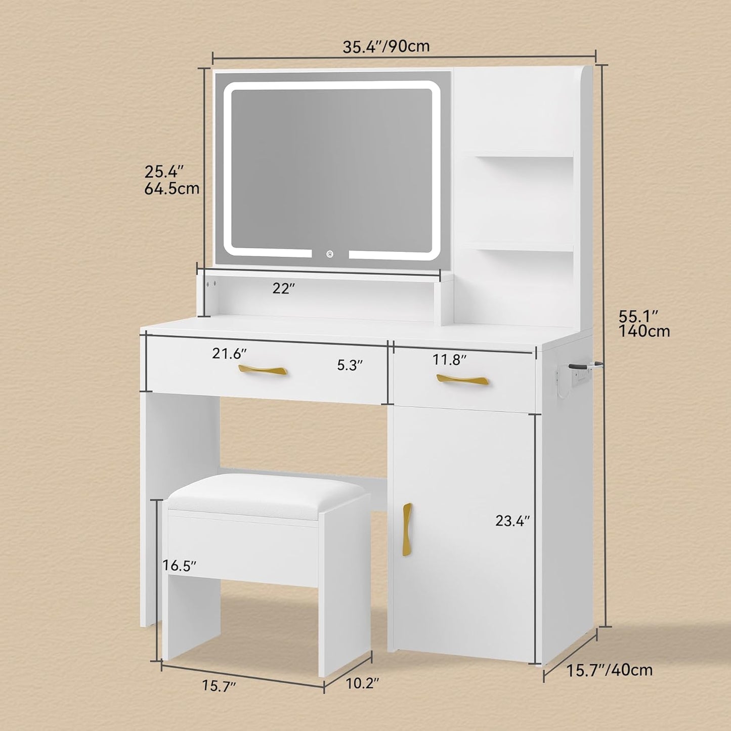 Vanity Desk, Makeup Vanity Table with LED Mirror, Power Outlets, Storage Drawers & Cabinet, Shelves, and Cushioned Stool, White Dressing Room Vanity Set