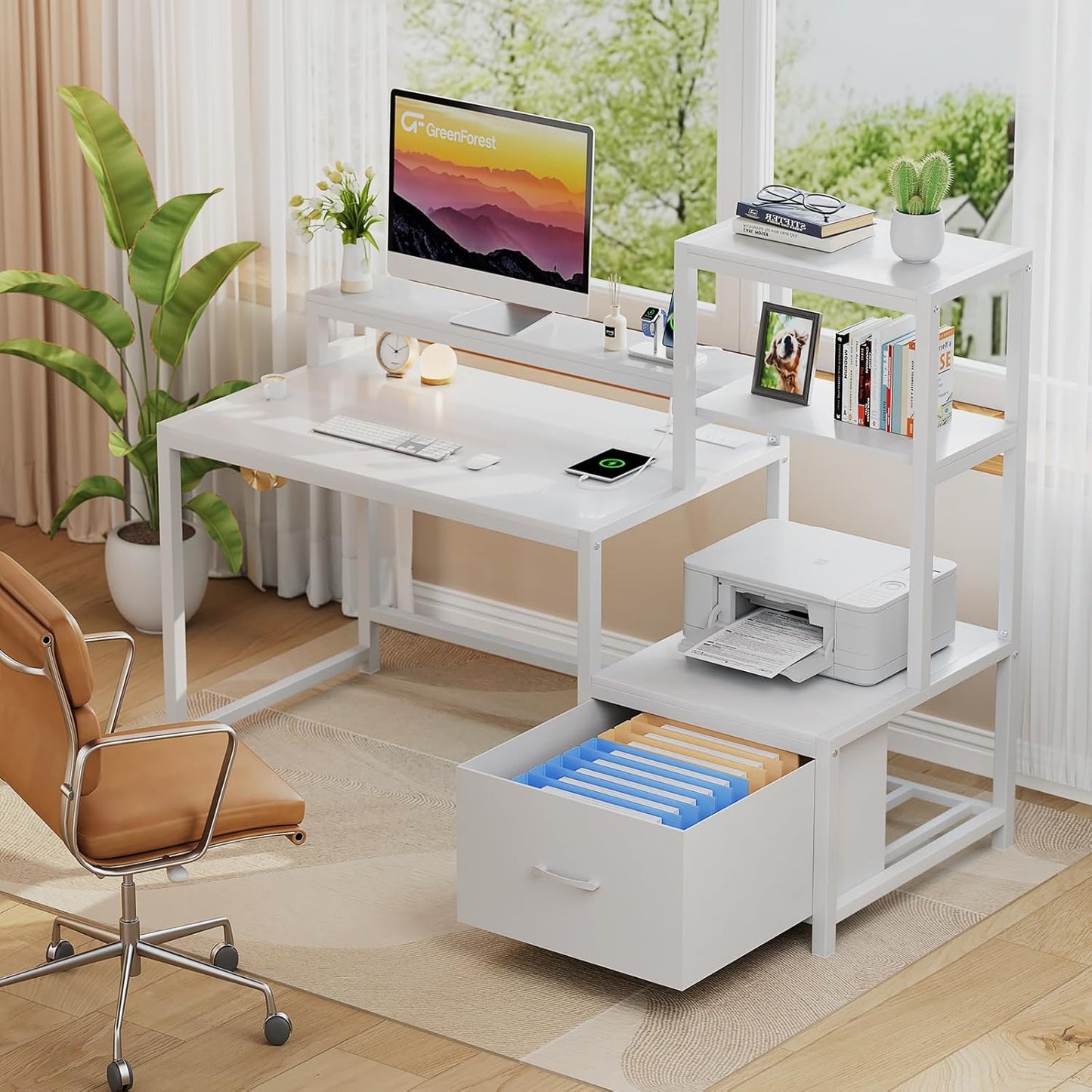 Office Desk with Power Outlets and Printer Shelf, 68.8 Inch Computer Desk with LED and Drawer, Reversible Gaming Desk with Storage for Home Study Working,Walnut