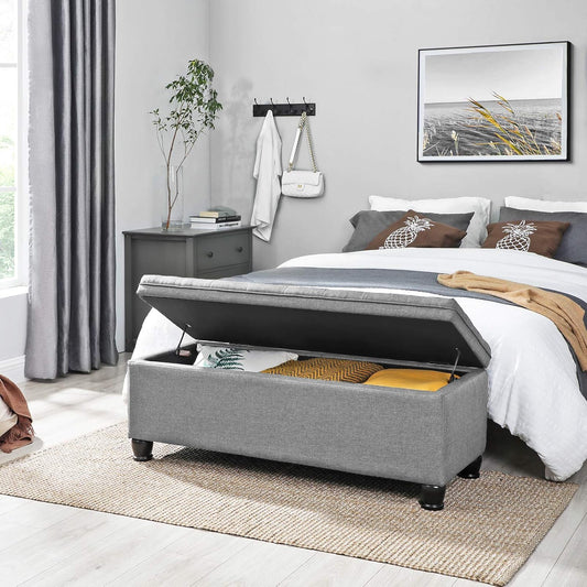 Storage Ottoman, Storage Bench, Tufted Entryway Bedroom Bench, 17.7 X 46.5 X 17.7 Inches, Hinges Easy Lid Operation, Wooden Legs, Linen-Look Cover, Loads 330 Lb, Light Gray ULOM070G02