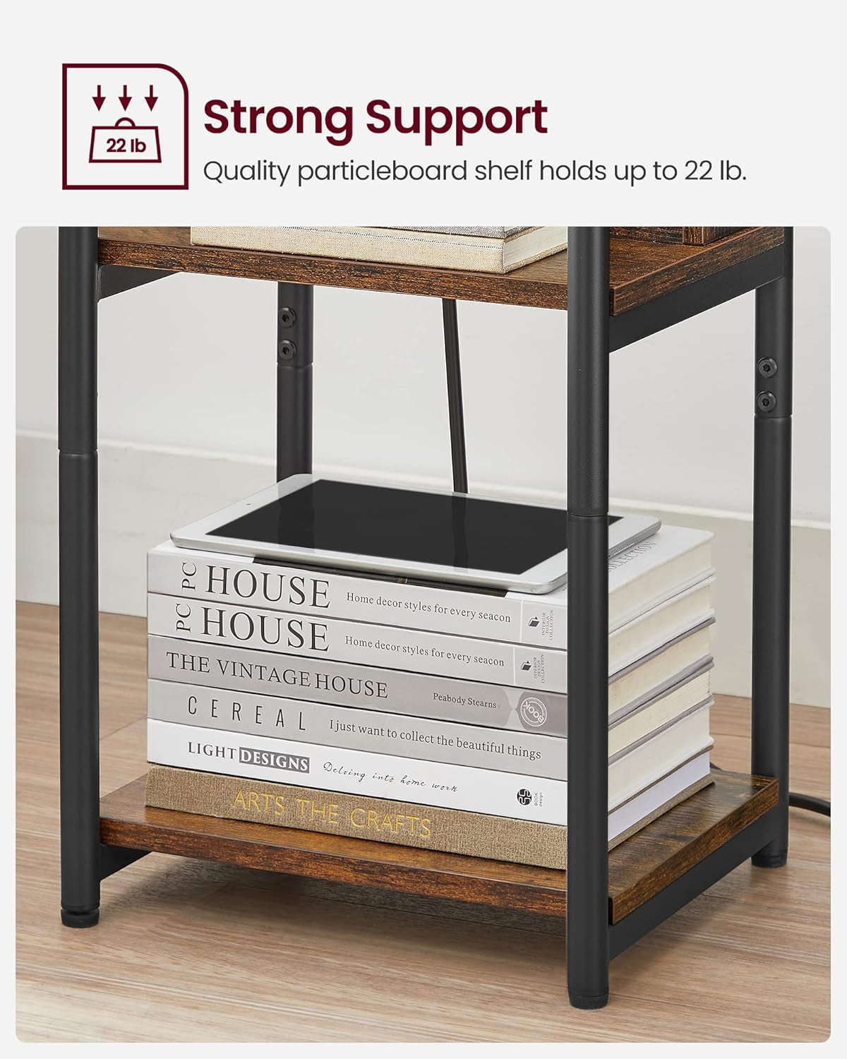 Side Table with Charging Station, 3-Tier End Table with USB Ports and Outlets, Nightstand for Living Room, Bedroom, 11.8 X 13.4 X 22.8 Inches, Plug-In Series, Camel Brown and Black