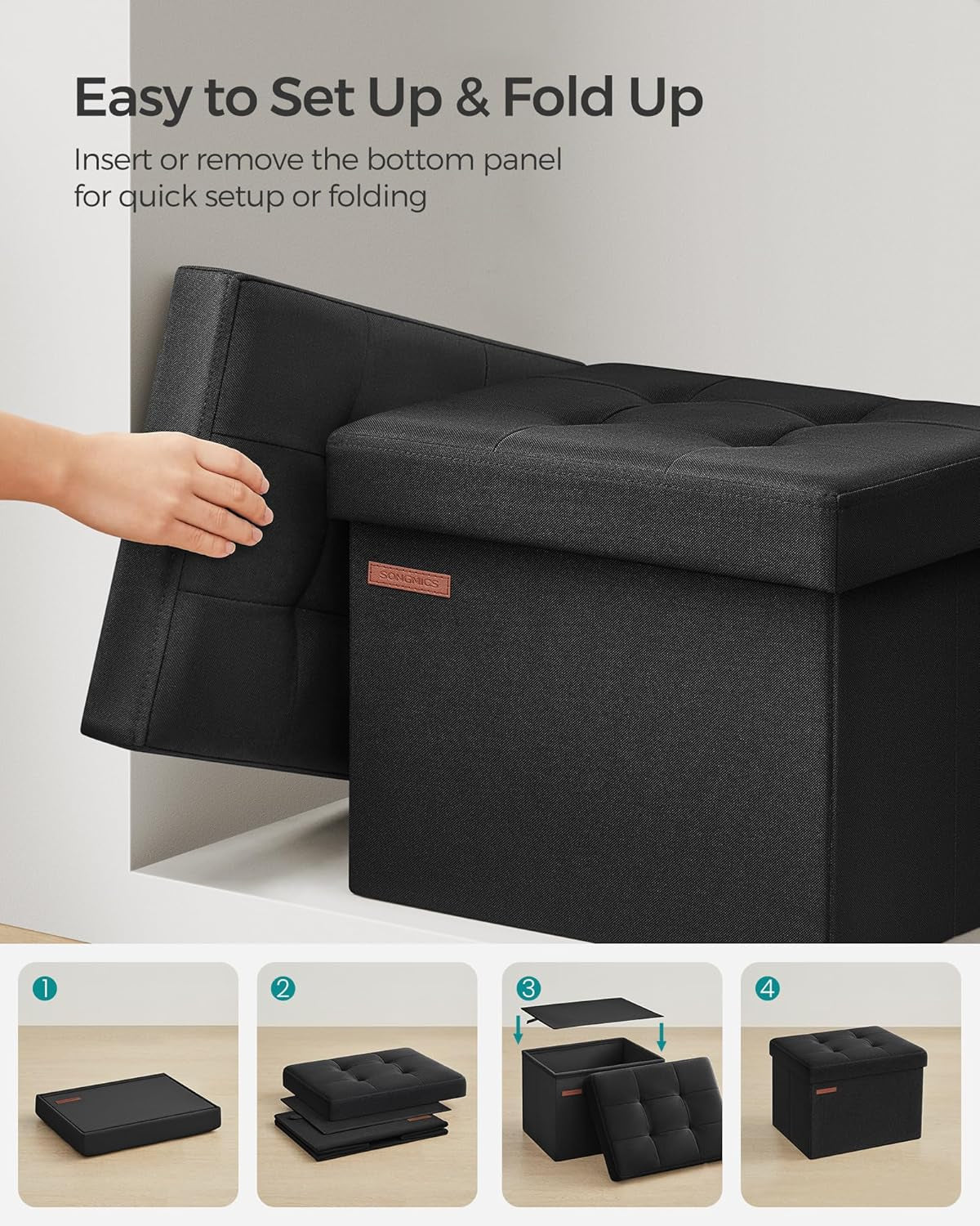 MAZIE Collection - Small Folding Storage Ottoman, Foot Rest Stool, 12.2 X 16.1 X 12.2 Inches, 286 Lb Load Capacity, for Living Room, Bedroom, Home Office, Dorm, Ink Black ULSF102B01