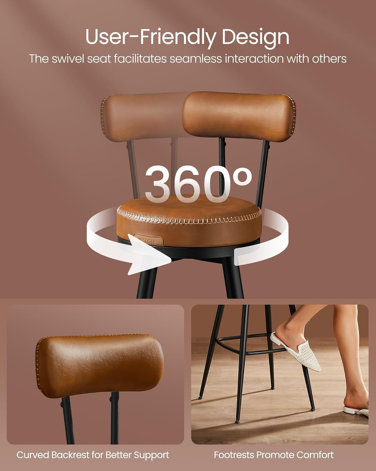 EKHO Collection - Bar Stools Set of 2, Swivel Counter Height Bar Stools with Back, Synthetic Leather with Stitching, Mid-Century Modern, 25.6-Inch Tall Barstools for Kitchen Bar, Caramel Brown