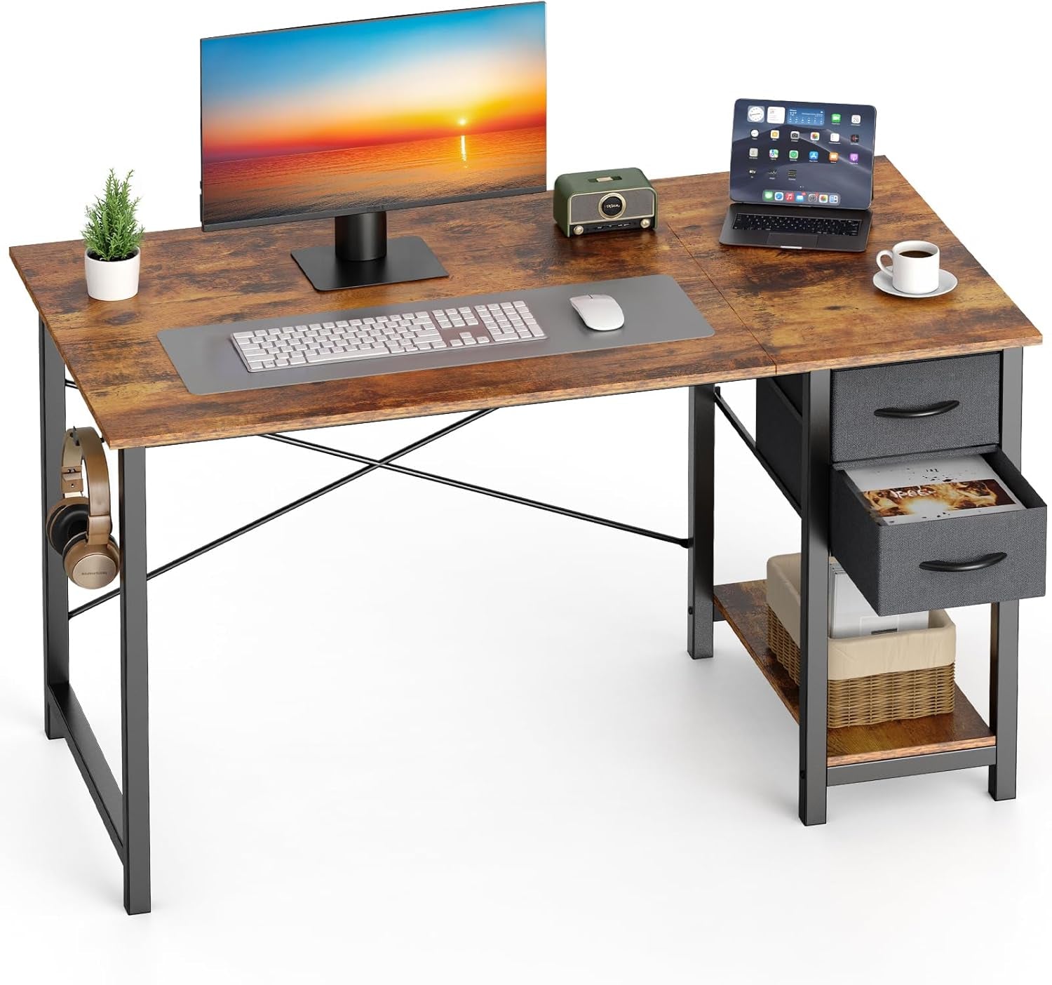40 Inch Computer Desk with Drawers for Home Office, Writing Desk with X-Shaped Reinforcement, Wood Table with Adjustable Position Drawers, Modern Study Work Table with Side Hook, Rust