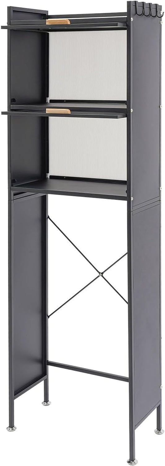 Over the Toilet Storage Cabinet with Flip Door, Metal Bathroom Shelf Organizer, Space Saver Freestanding Rack above Toilet Storage Cabinet with X-Shaped Crossbar (Black)