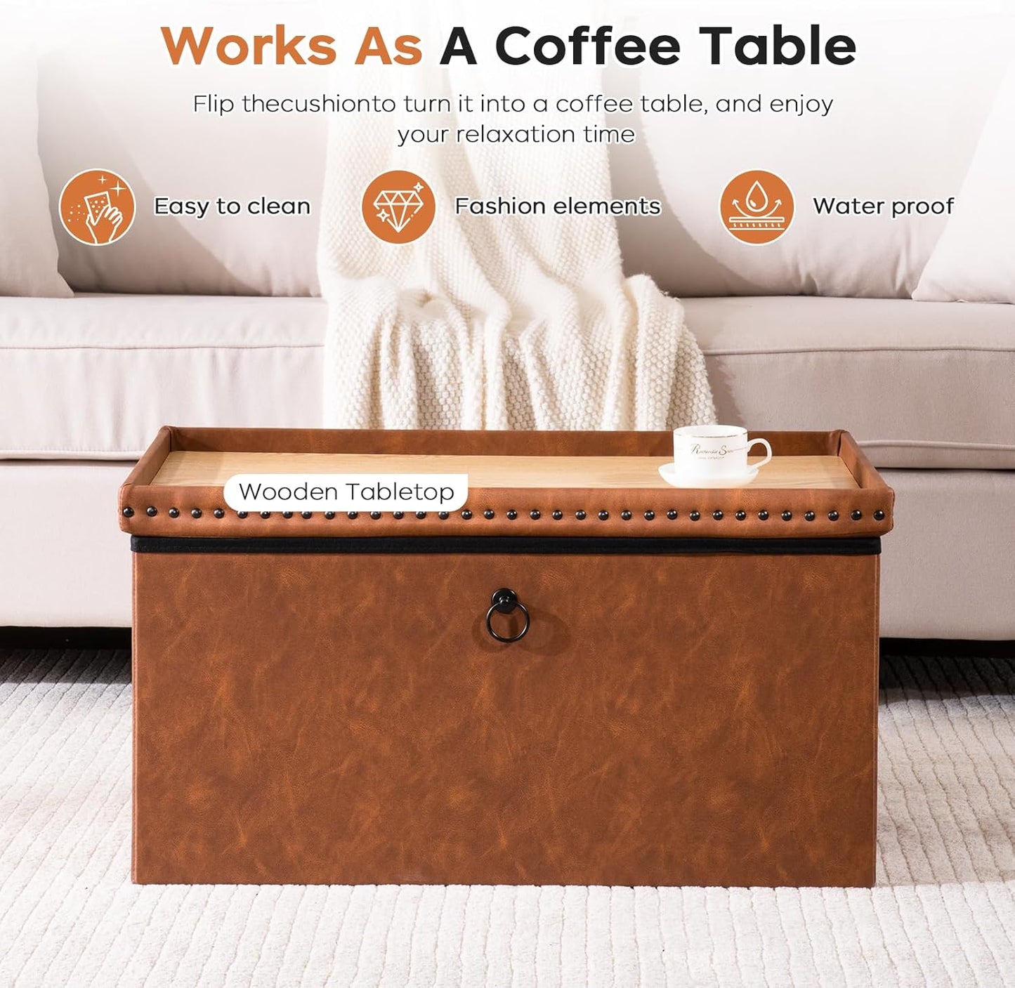 Folding Storage Ottoman 16In, Small Faux Leather Foot Rest Stool with Button Tufted Rivet Design, Footstool Bench, Ottoman with Storage for Living Room Bedroom Coffee Table 242 Lbs, Brown