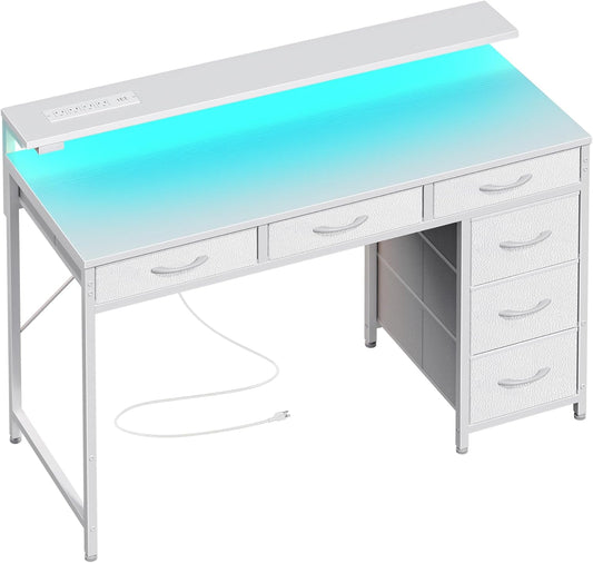 Gaming Desk with 6 Drawers, Computer Desk with LED Lights Power Outlets and Type-C, 39 Inch Office Desk with Storage, Monitor Stand, Writing Desk Work Desk Home Office, Bedroom, Study, White