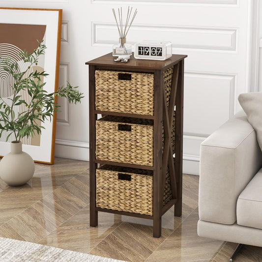 Nightstand Set of 2 with 3 Wicker Storage Baskets, Sofa Side Table with Rubber Wood X-Shaped Frames & Acacia Wood Legs, Bedside Table, End Table for Bedroom, Small Space