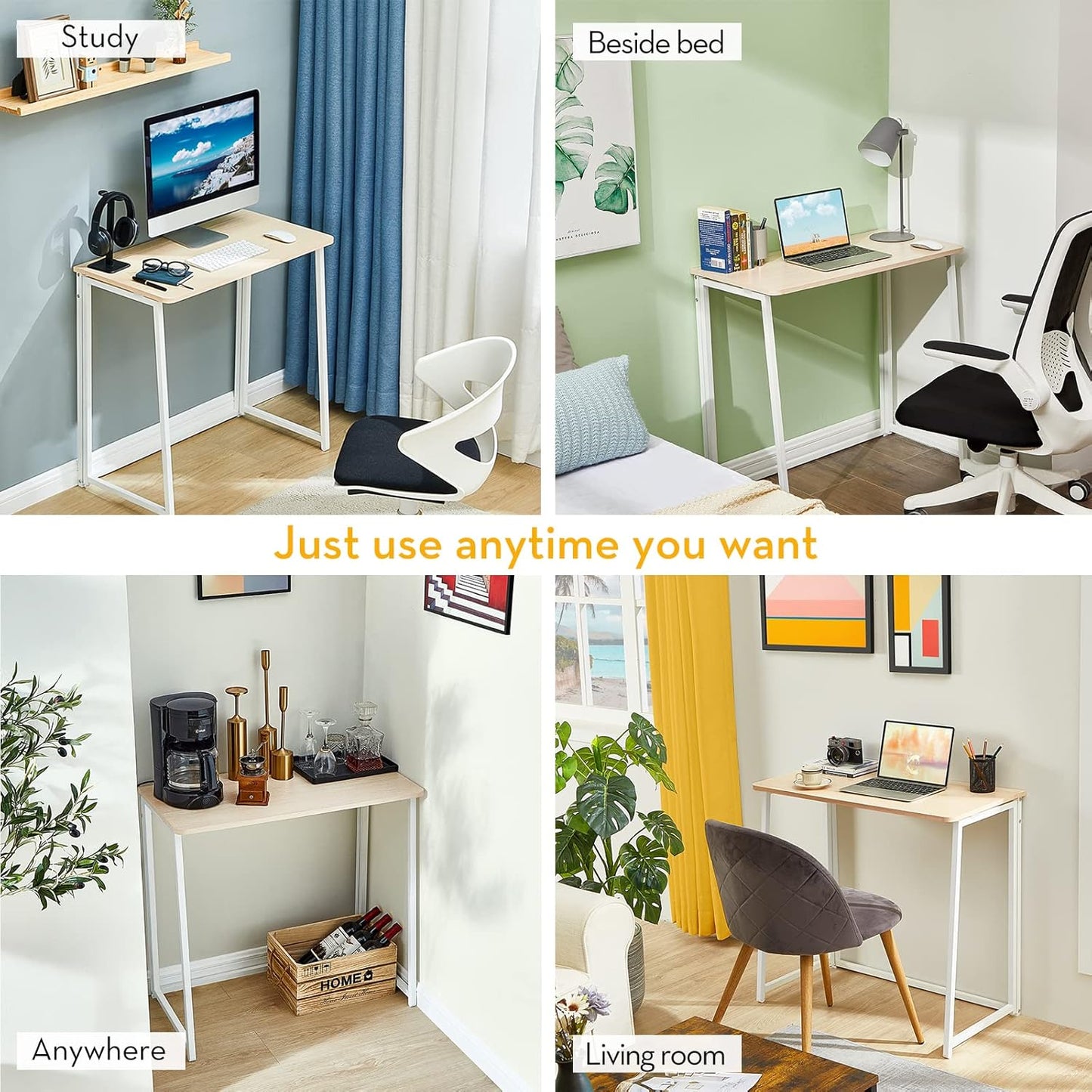 Folding Desk, Small Foldable Desk 31.5" for Small Spaces, Space Saving Computer Table Writing Workstation for Home Office, Easy Assembly, Oak