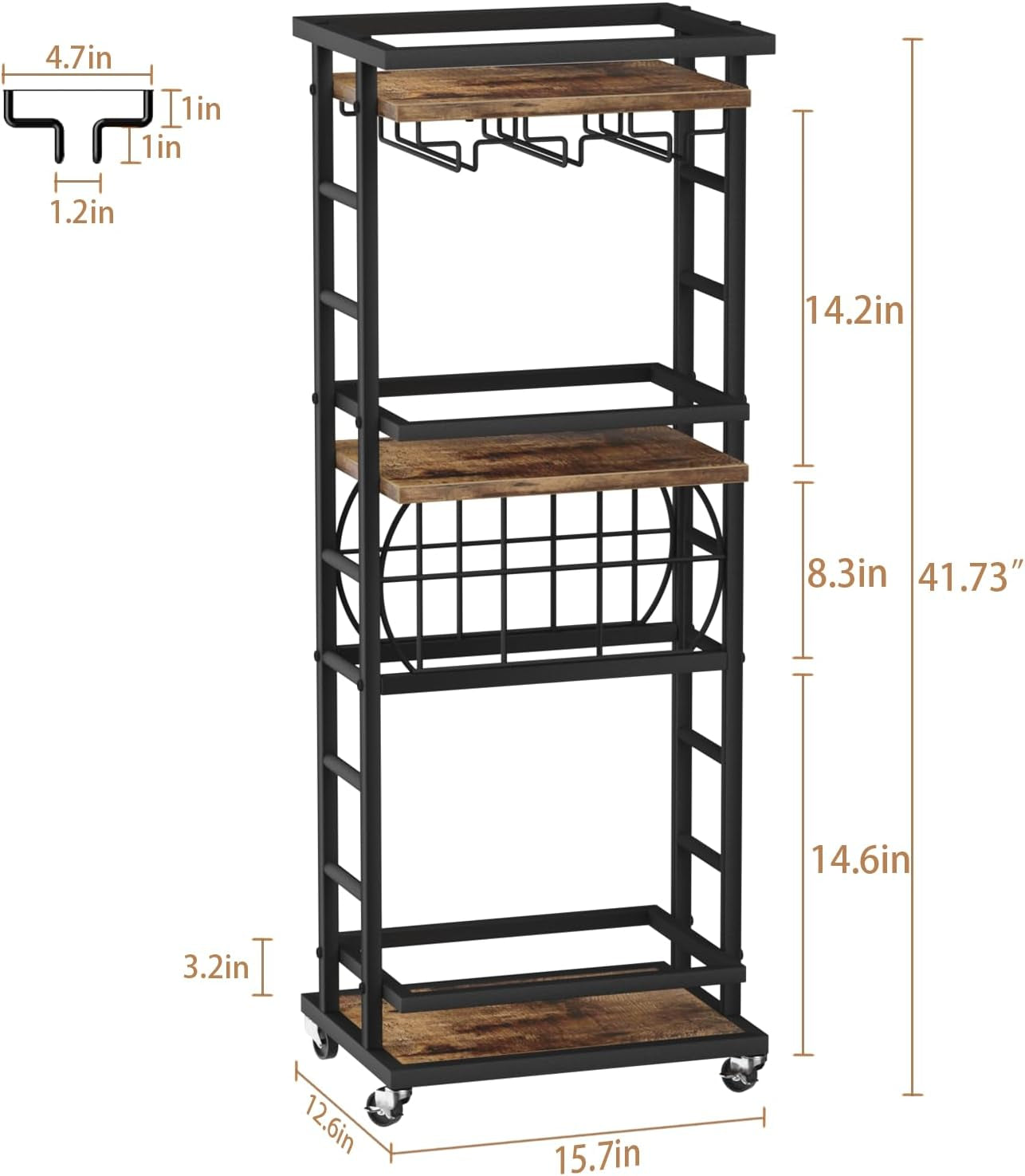 4 Tier Bar Cart for Home with Wheels,Home Bar Serving Cart, Rolling Mini Wine Cart with Wine Rack and Glass Holder, Drink Cart for Dining Room, Living Room, Kitchen, Bar and Outdoor, Rustic Brown