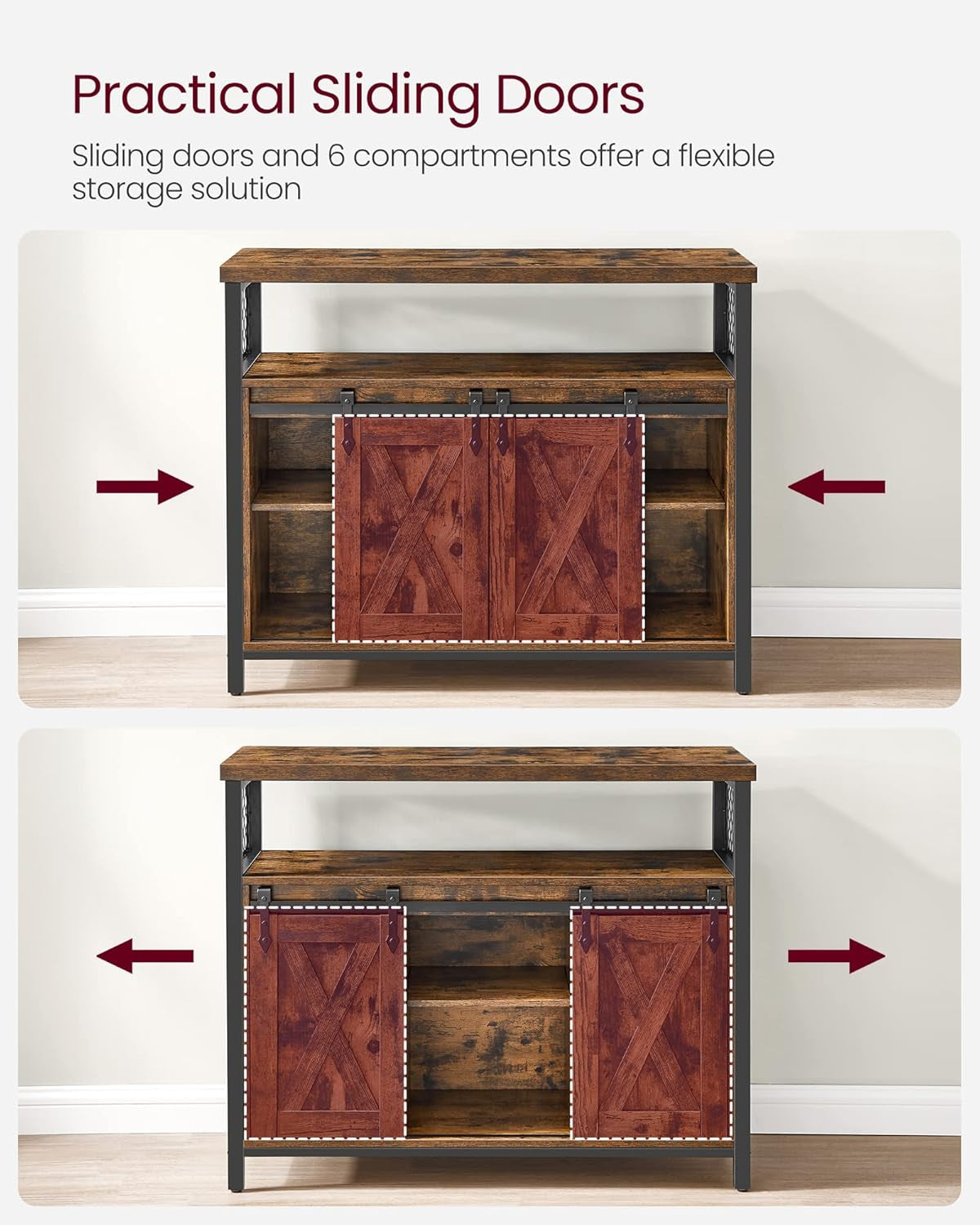 Coffee Bar Cabinet with Power Outlet and Voice Control LED Light, Buffet Cabinet with Sliding Barn Doors, S Hooks, Wine Glass Racks, Bottle Holders, Rustic White and Honey Brown ULSC201W01