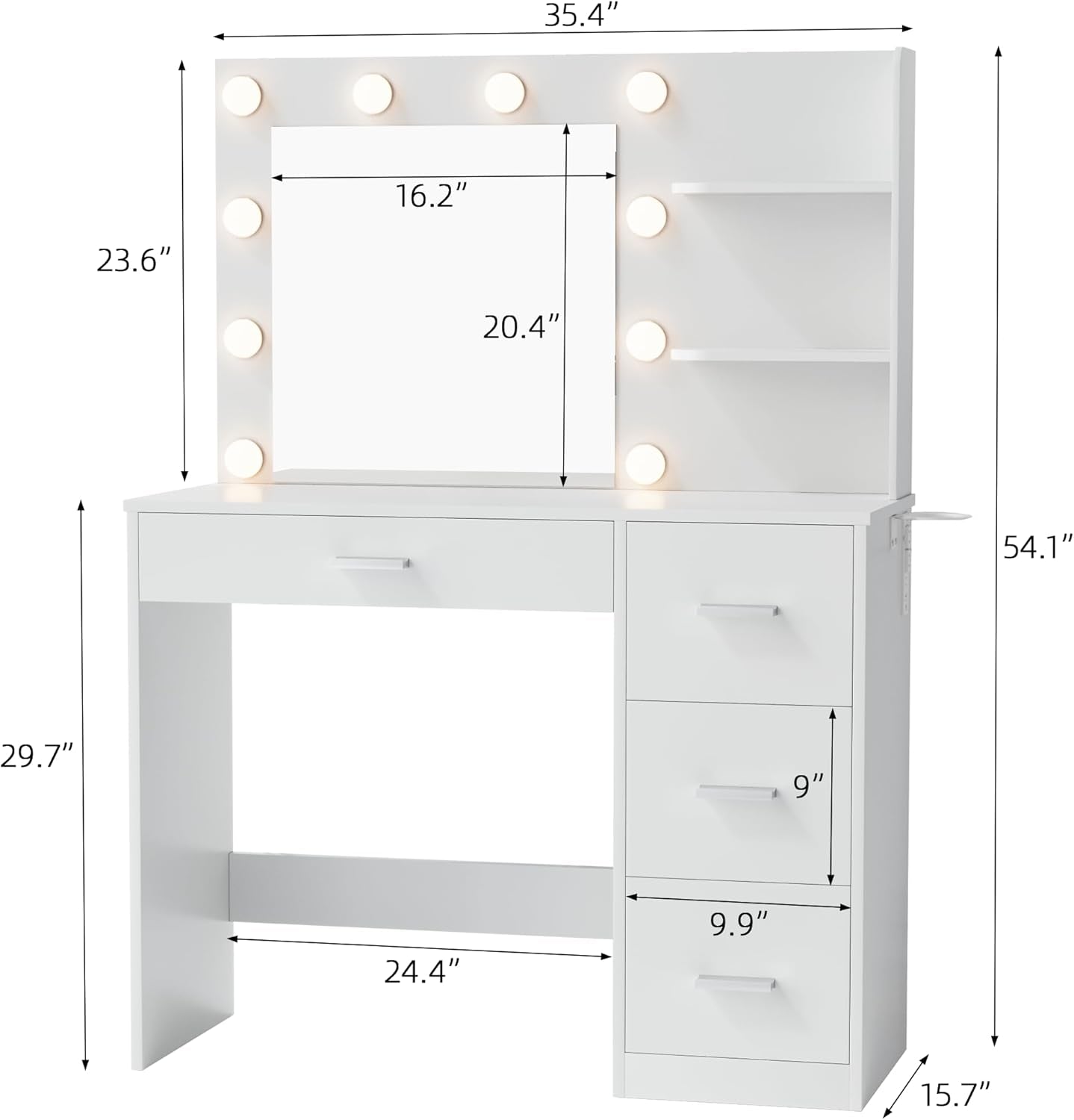 Vanity Desk with Mirror, 10 Lights, Power Outlet and 3 Storage Shelves, Makeup Table with 4 Drawers, 3 Color Modes, for Bedroom, White