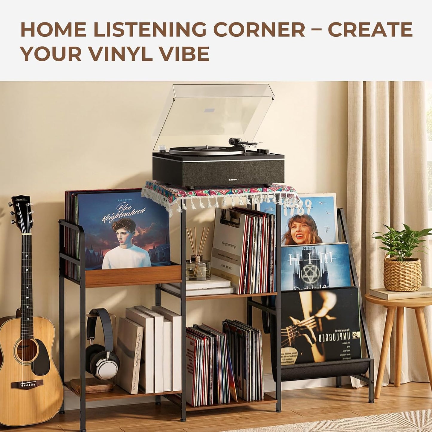Vinyl Record Stand, 3-Tier Record Player Table with Left and Right Storage for Living Room Bedroom