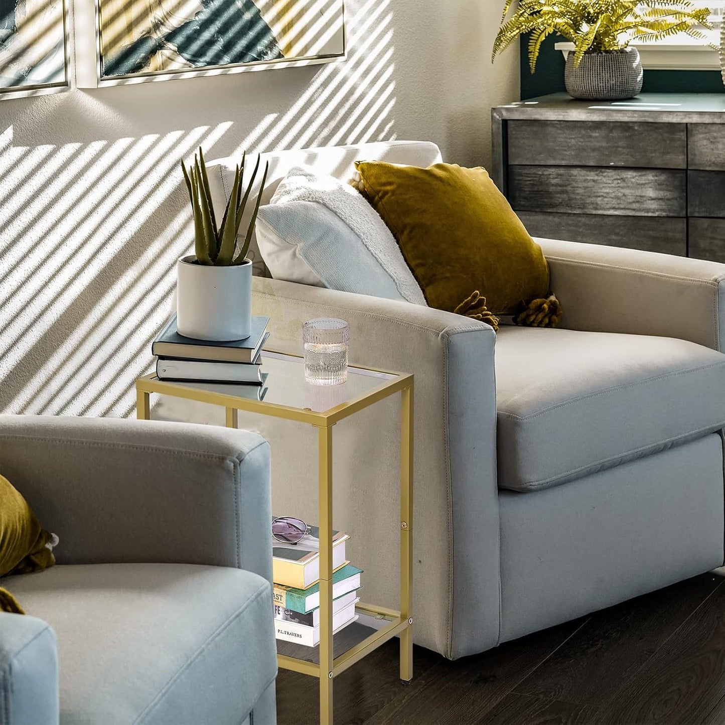 Side Tables Set of 2, End Tables with Tempered Glass, 2-Tier Nightstands with Storage Shelves, Coffee Table with Modern Style, Slim Sofa Table for Living Room, Bedroom, 11.8" D X 15" W, Golden