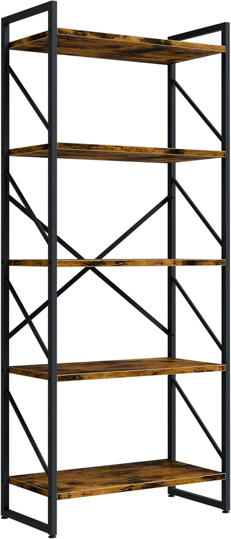 Rustic brown 5 tier tall industrial bookshelf, view 9