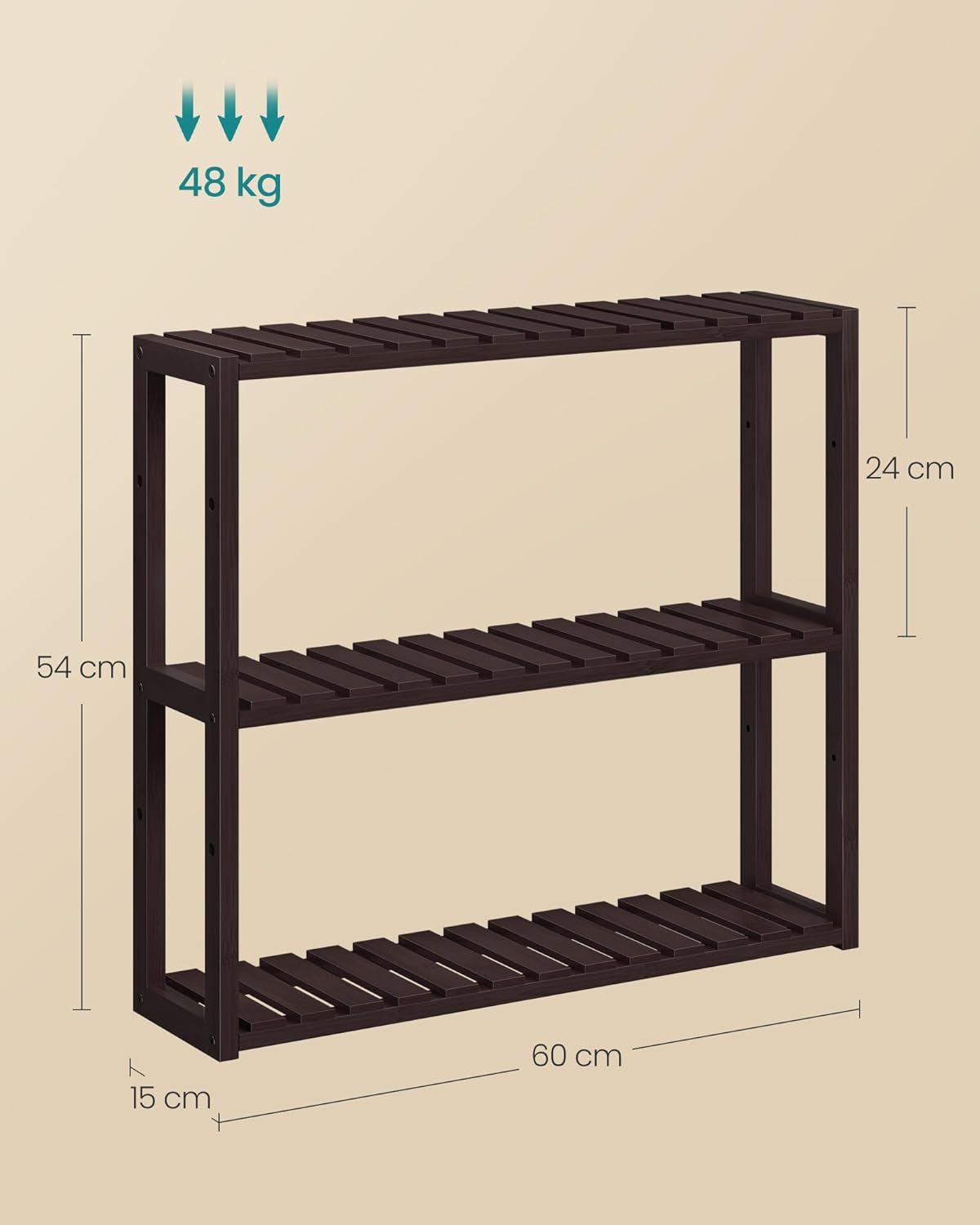 Bamboo Bathroom Shelf, 3-Tier Adjustable Plants Rack, Wall-Mounted or Stand, in the Living Room, Balcony, Kitchen, 5.9 X 23.6 X 21.3 Inches, Brown