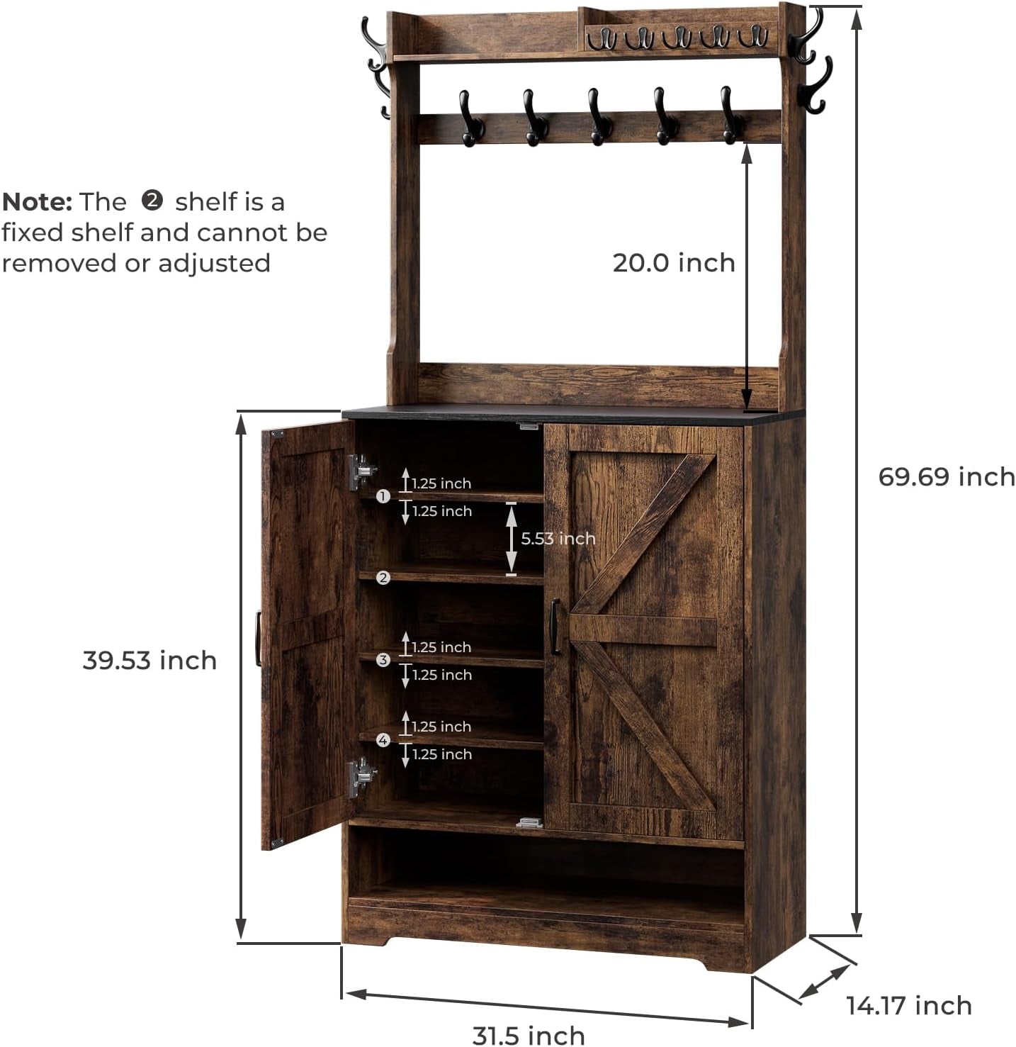 Farmhouse Hall Tree with Shoe Storage Cabinet, Shoe Cabinet with 14 Coat Hooks & Doors, Coat Rack Cabinet with 6 Tier Shoe Storage Organizer for Hallway, Entryway,Rustic Brown