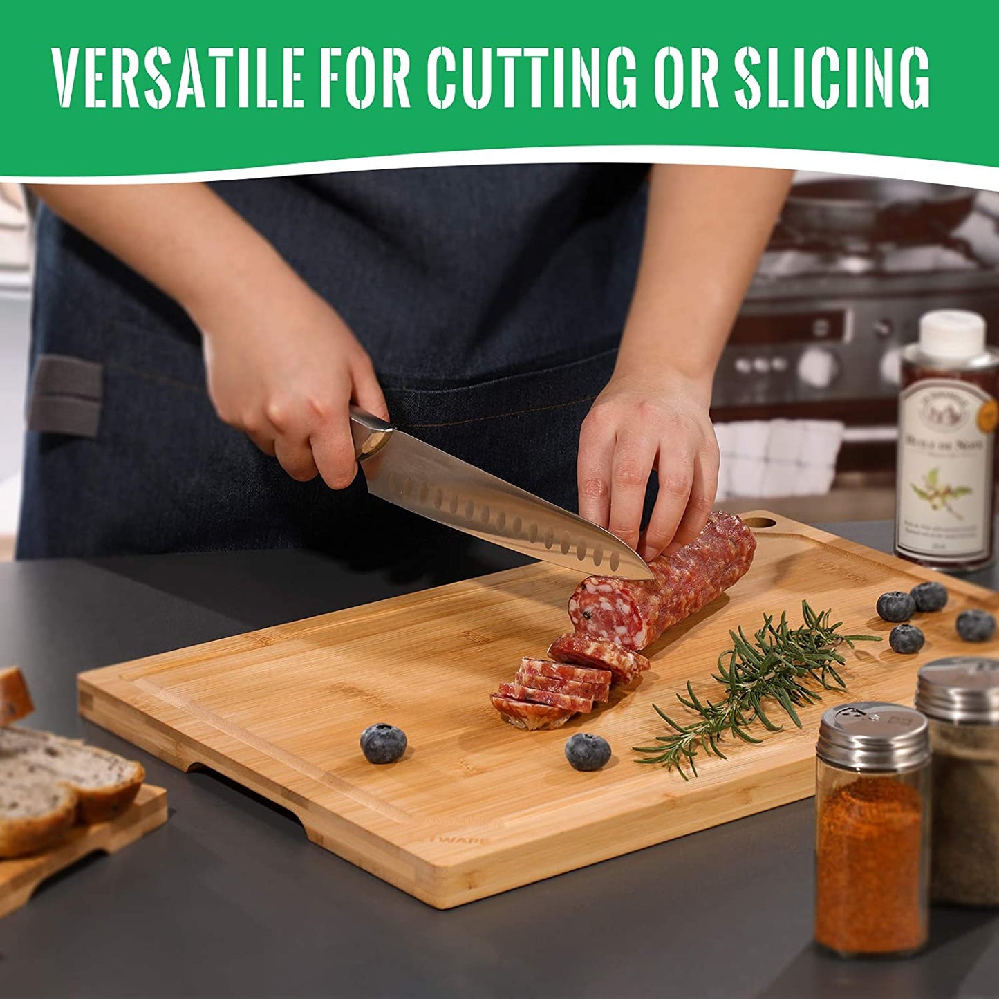 Extra Large Bamboo Cutting Board for Kitchen, Heavy Duty Wood Cutting Board with Juice Groove, 100% Organic Bamboo, Pre Oiled, 18" X 12" X 0.6"