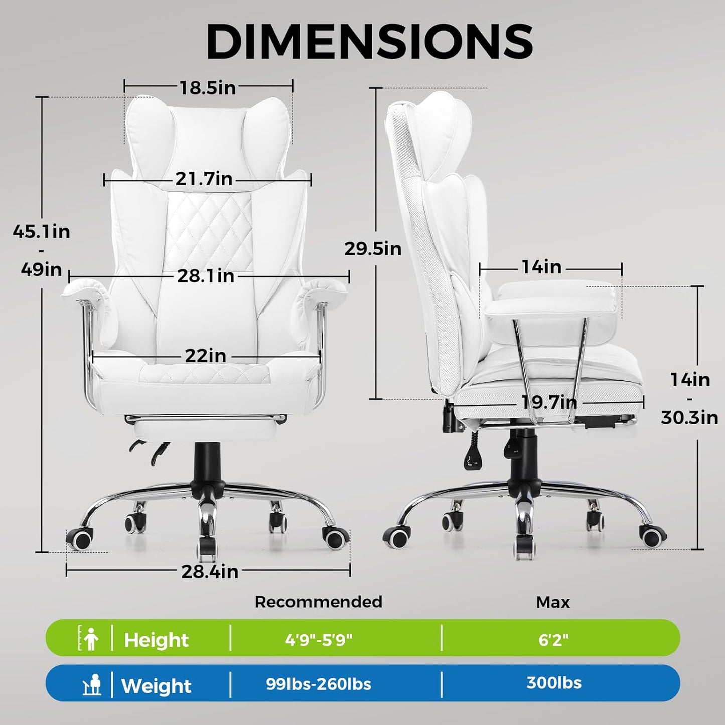 Gaming Chair,Office Chair with Pocket Spring Lumbar Support, Ergonomic Comfortable Wide Office Desk Computer Chair with Outward Fixed Soft Armrests and Footrest,(Pu Leather, White)