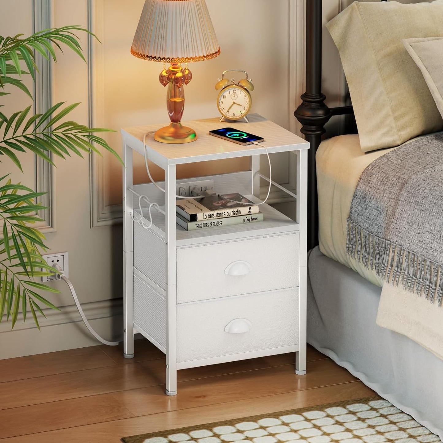 End Table with Charging Station, Nightstand with Fabric Drawers, Side Tables with USB Ports & Outlets, Night Stand with Storage Shelf & Hooks, for Living Room/Bedroom, White