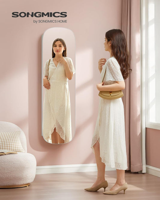 Jewelry Organizer, LED Jewelry Cabinet Wall/Door Mounted, Lockable Rounded Wide Mirror with Storage, Interior Mirror, 3.9 X 16.5 X 55 Inches, White Surface with Greige Lining