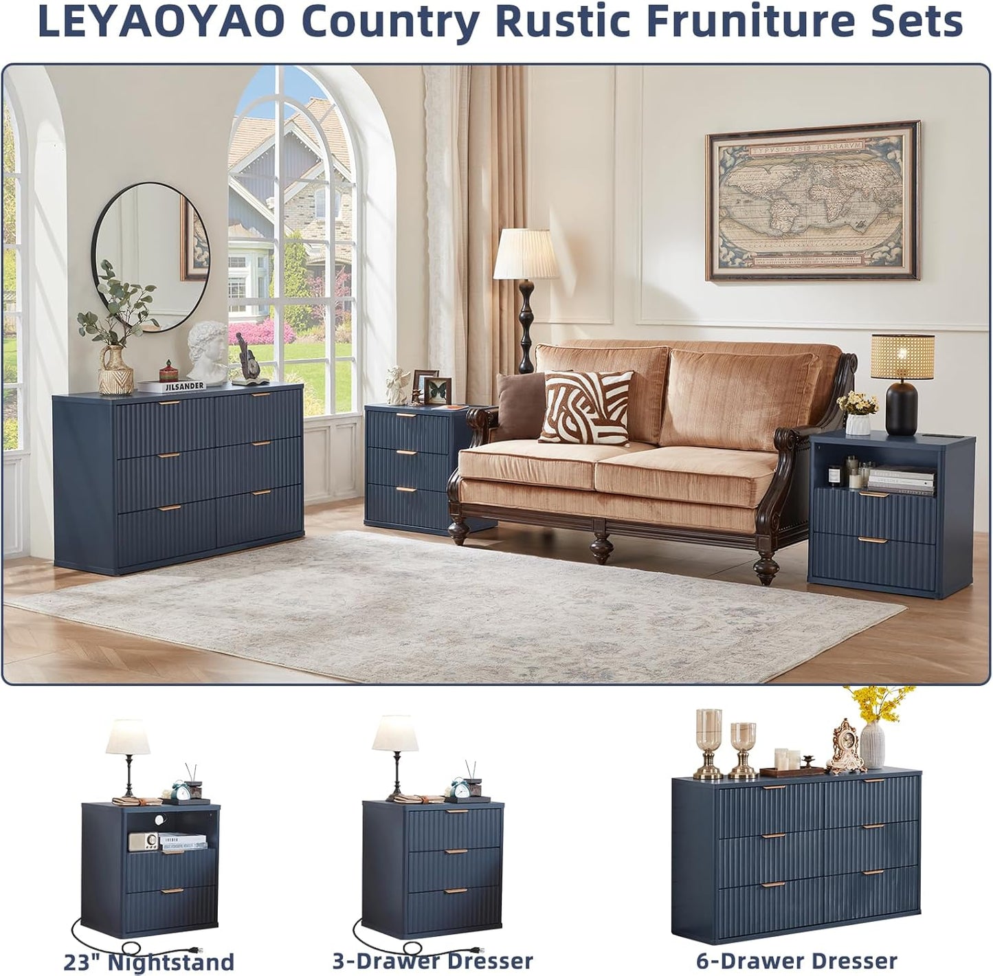 Fluted Dresser and Nightstand Sets, Wood 48" Wide Dresser & 23" Night Stand with Charging Station, 2 Piece Bedroom Furniture Set, Chest of Drawers for Bedroom, Home, Living Room,Nave Blue