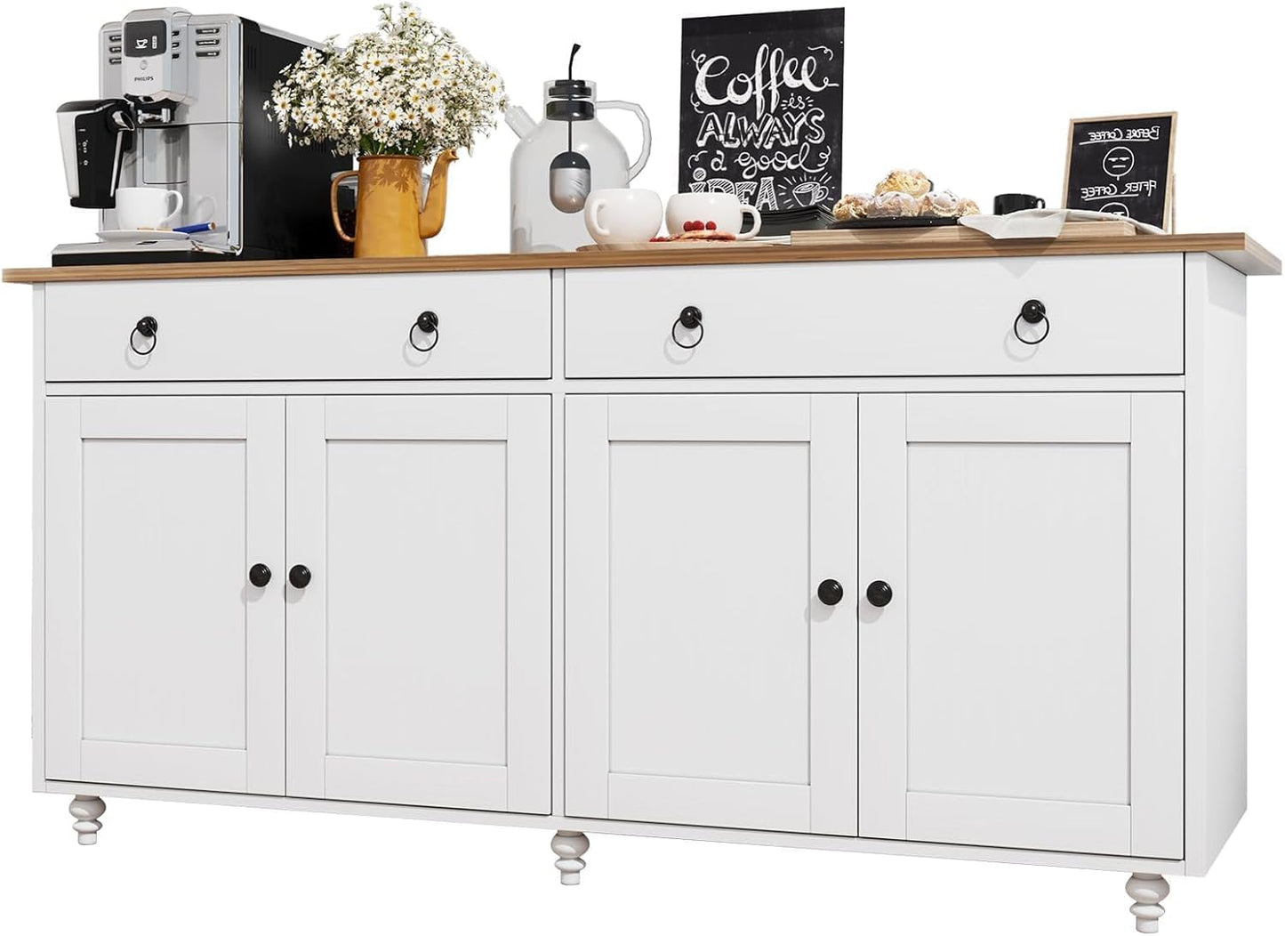 Buffet Cabinet with Storage, 55" Sideboard Buffet Cabinet with 2 Drawers and 4 Doors, Modern Farmhouse Coffee Bar Cabinets, Wood Buffet Table for Kitchen, Dining Room, White