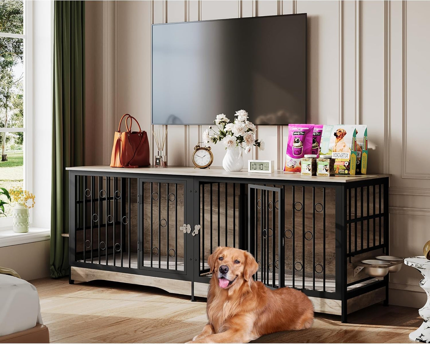 75'' Dog Crate Furniture Large Storage TV Stand with Dual Cushion / 4 Bowls/Double Rooms, Wooden Dog Kennel Dog Crate End Table with Removable Divider for Large Medium Dogs, Rustic Brown