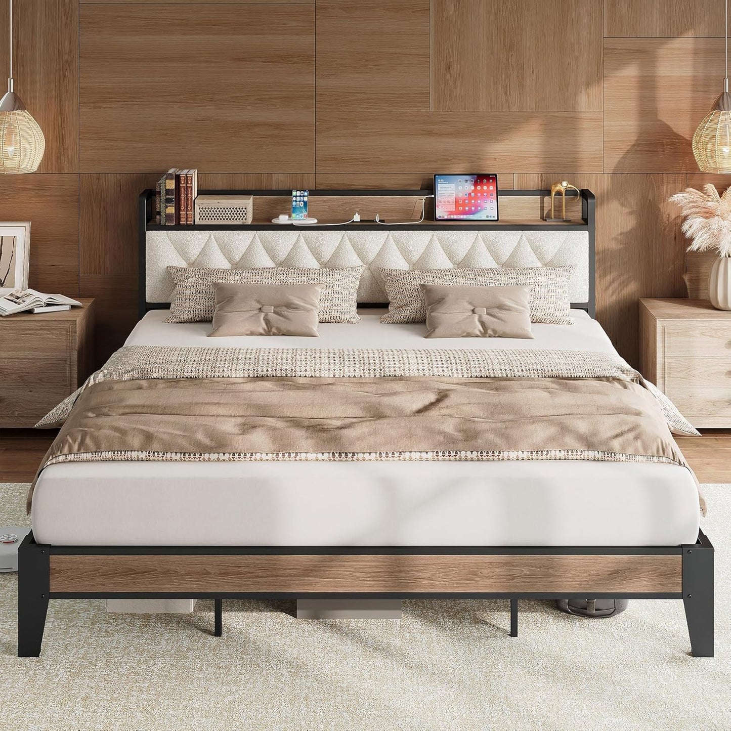 California King Bed Frame, Storage Headboard with Charging Station, Platform Bed Frame with Strong Metal Support, Sturdy and Stable, Noise Free, No Box Spring Needed, Easy Assembly
