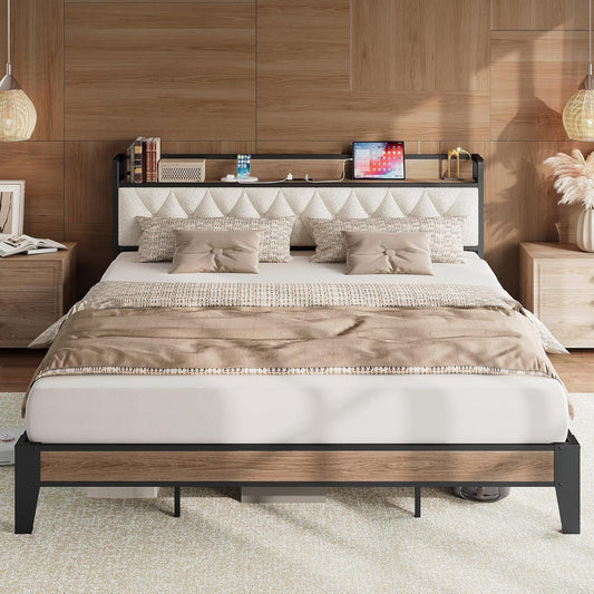 California King Bed Frame, Storage Headboard with Charging Station, Platform Bed Frame with Strong Metal Support, Sturdy and Stable, Noise Free, No Box Spring Needed, Easy Assembly