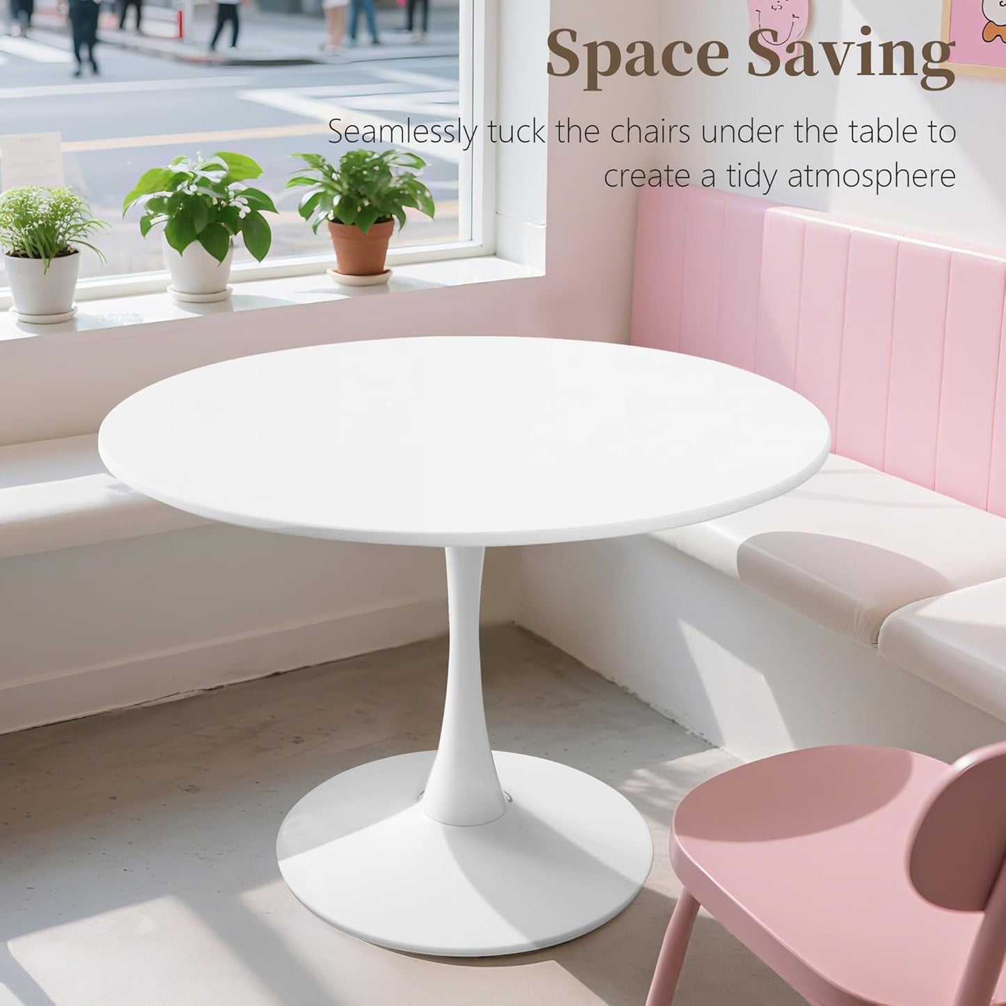 42 Inch round Dining Table,Mid-Century Tulip Table with Metal Pedestal Base,Modern Leisure Table for Small Space Kitchen Dining Room,Easy Assembly,White