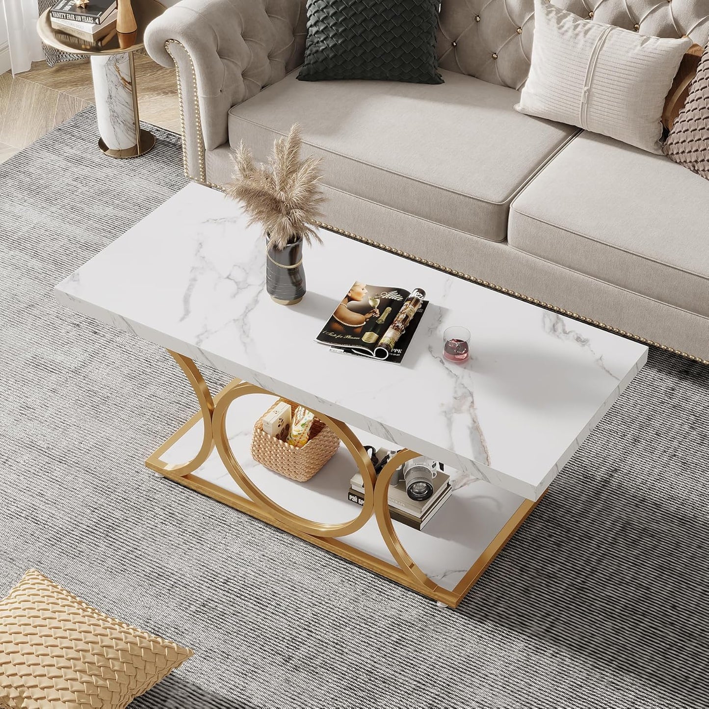 Rectangle Coffee Table, 46.45-Inch Modern Coffee Tables for Living Room, 2-Tier Faux Marble Wood Coffee Table with Geometric Legs, Furniture with Storage Shelf (White & Gold)