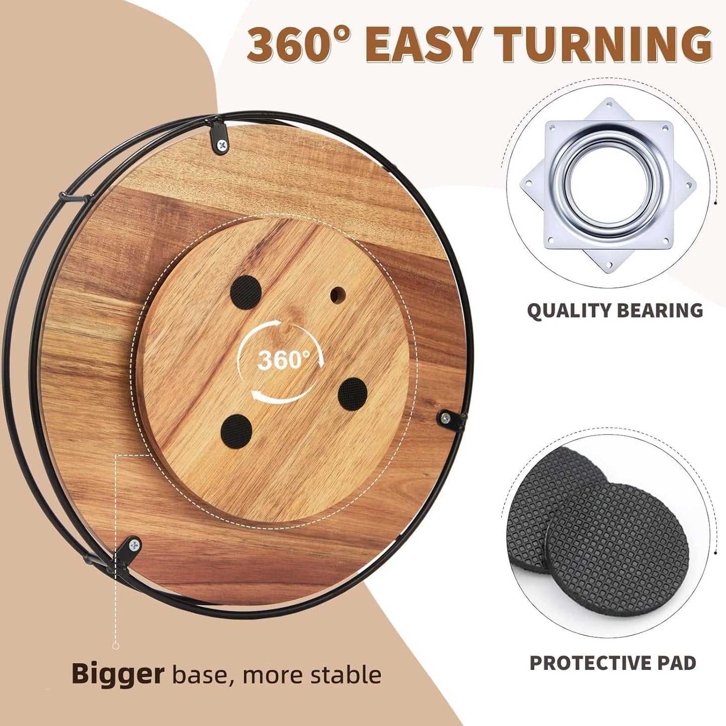 12" Acacia Wood Lazy Susan Turntable, Kitchen Organizer Turntable with Steel Sides, 360 Degree Lazy Susan for Countertop Cabinet or Dining Table(Black)