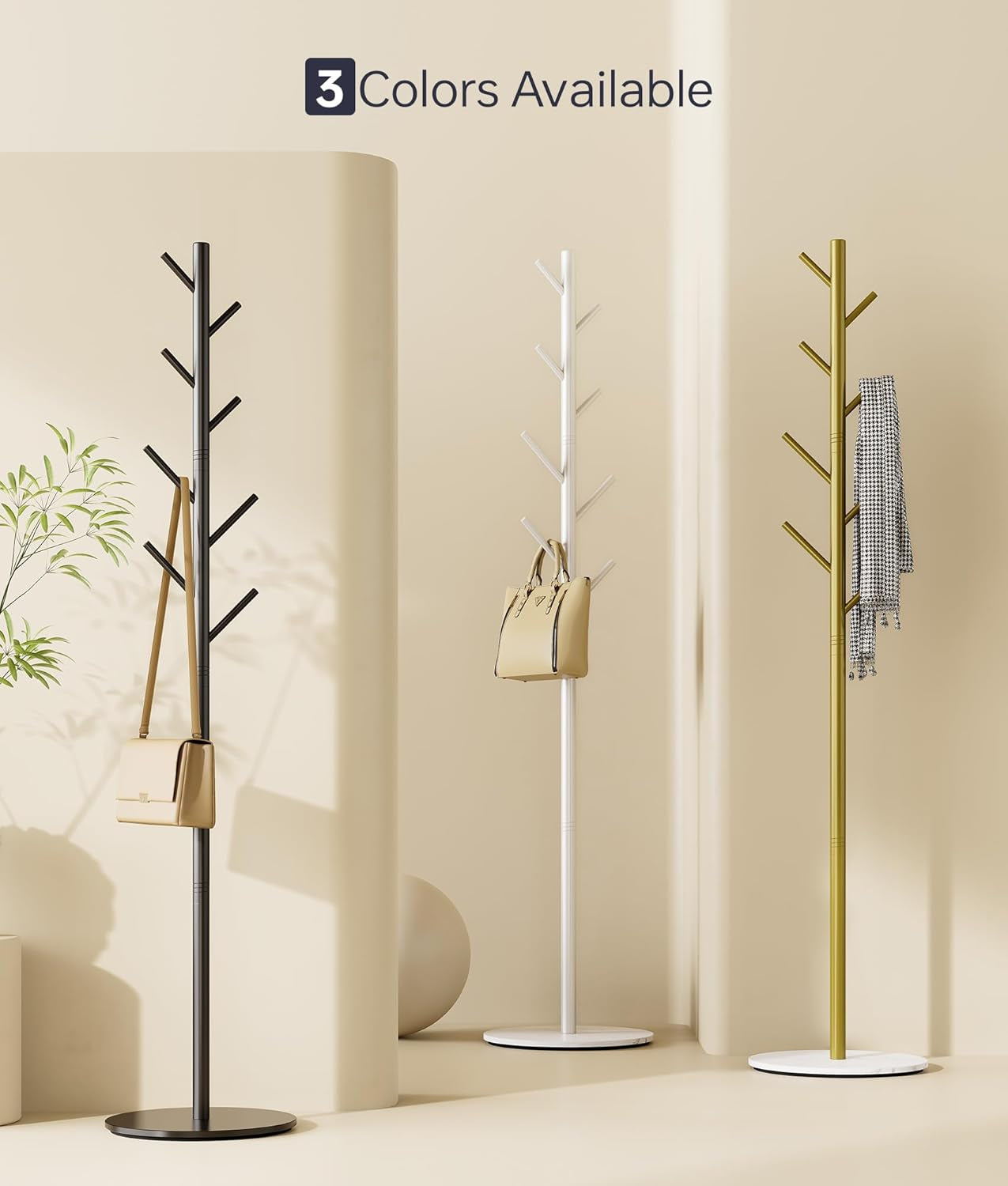 Coat Rack with 8 Hooks, Modern Hall Tree, Sturdy Metal Clothes Stand & Sintered Stone Base for Entryway, Office, Bedroom, Stable Storage in Coats, Hats, Handbags and Scarves, Black