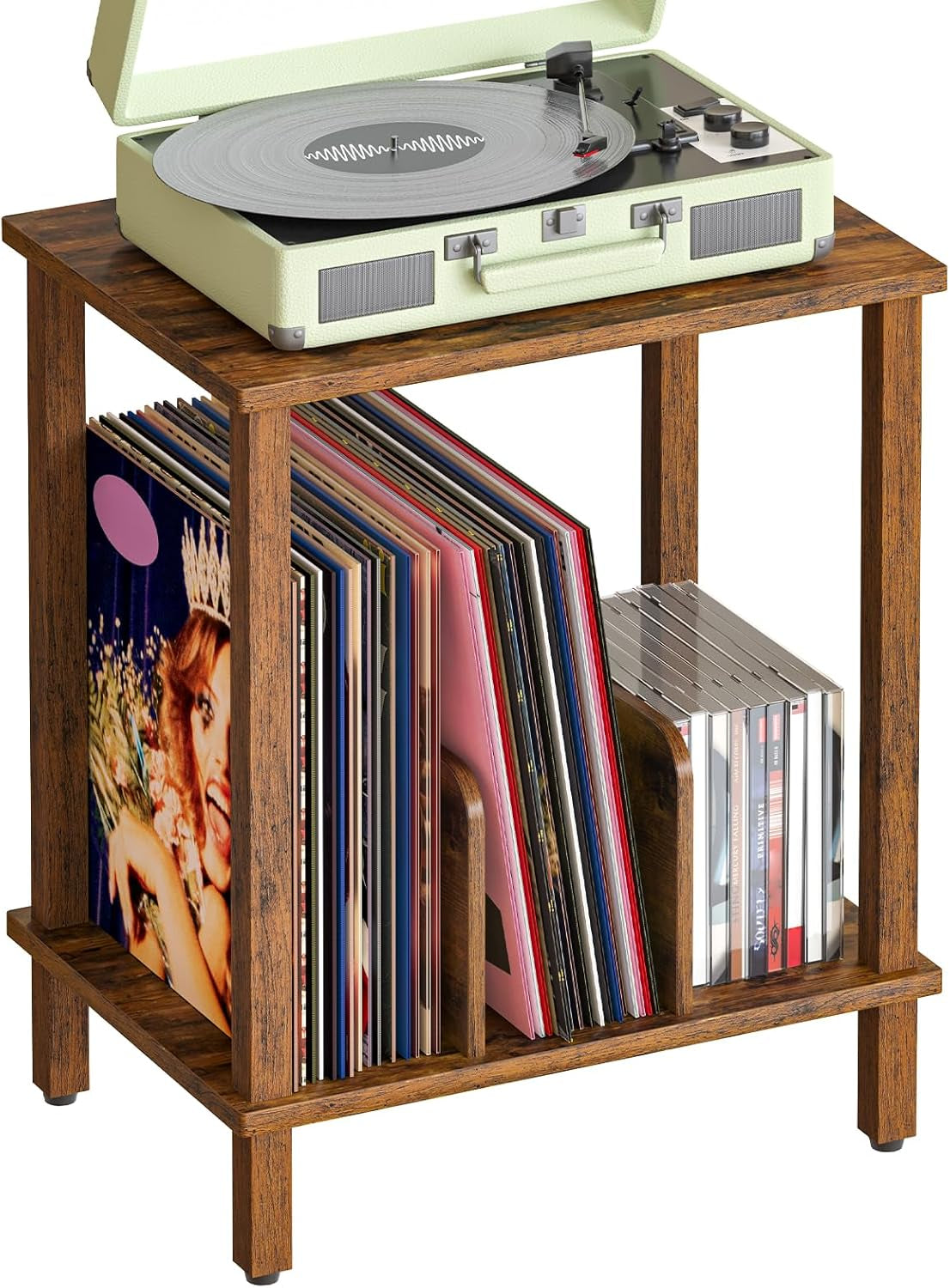 Record Player Stand, 2-Tier End Table, Vinyl Record Turntable Stand with Storage up to 100 Albums, Small Side Table for Living Room, Bedroom, Rustic Brown, FG05RS01