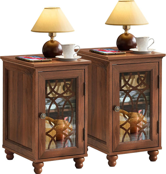 Narrow Side Table Set of 2 with Glass Door, 18 X 14'' Night Stand with Adjustable Shelf Storage Cabinet Organizer, Bedside End Tables Wood Nightstand for Small Spaces Living Room Bedroom