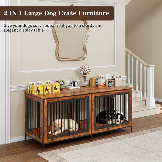 78.74" Double Dog Crate Furniture, Extra Large Dog Kennel Furniture Indoor, Heavy Duty Dog Cage for Medium and Large Dogs, Wooden Pet House as TV Stand, Brown