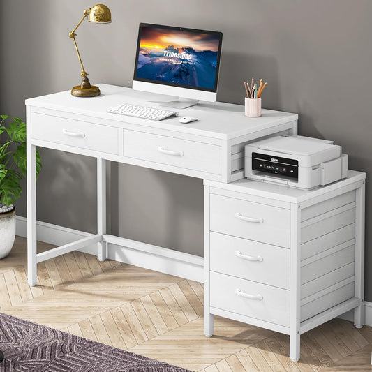 Computer Desk with 5 Drawers, Home Office Desks with Reversible Drawer Cabinet Printer Stand, Industrial PC Desk with Storage, White Study Writing Table Workstation for Small Spaces