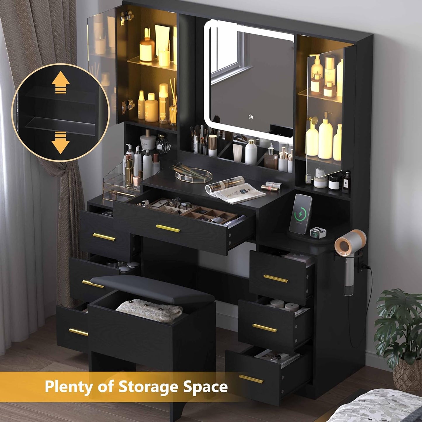 Black Makeup Vanity Desk with Mirror & Lights, Modern Vanity Table with Charging Station, 7 Drawers, Glass Cabinet, Shelves & Cushioned Stool, Bedroom Dressing Table Set for Women & Girls