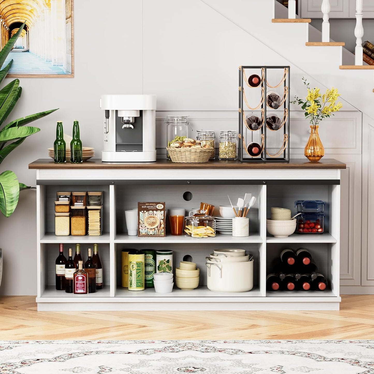Farmhouse Sideboard Buffet Cabinet, Coffee Bar Storage with Sliding Barn Doors, Shelf for Home Dining Room, White
