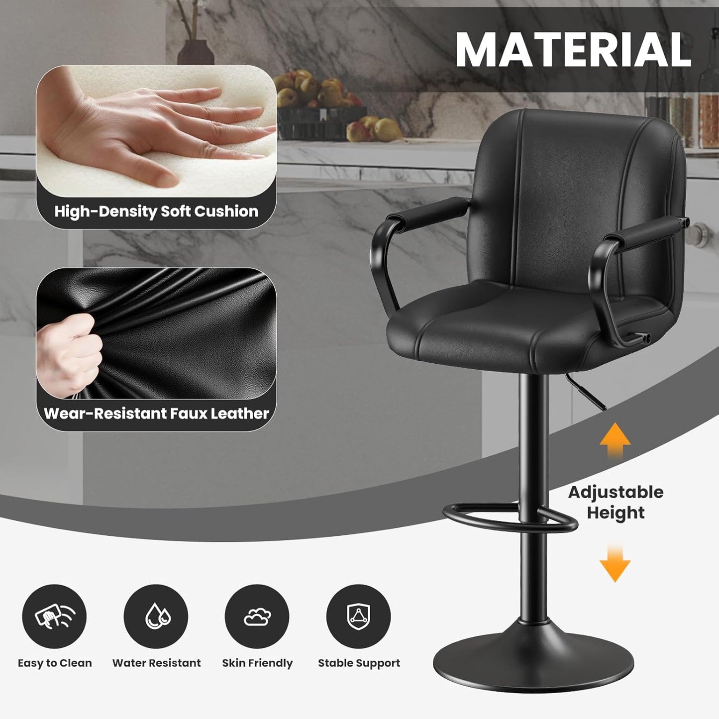 Set of 2 Modern Bar Stools with Backs - Adjustable High Chairs for Kitchen Island, Barstools for Home Bar, Island Stools, Sillas Altas Para Barra De Cocina, Black PU Leather