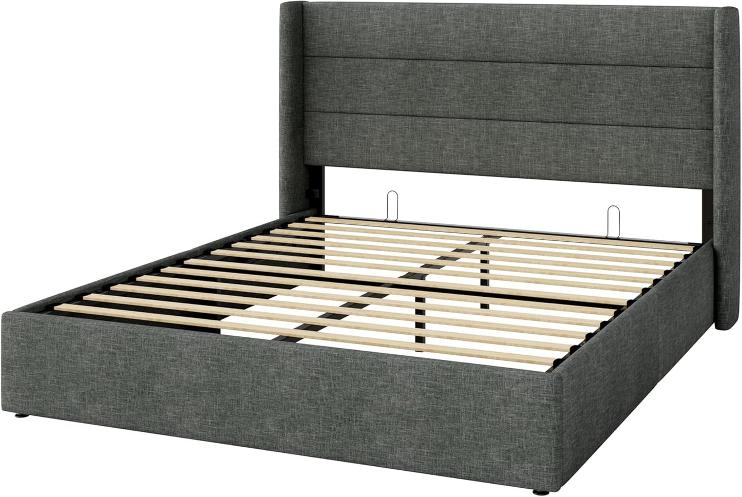 Queen Size Lift up Storage Bed, Modern Wingback Headboard, Hydraulic Support, No Box Spring Needed, Dark Grey