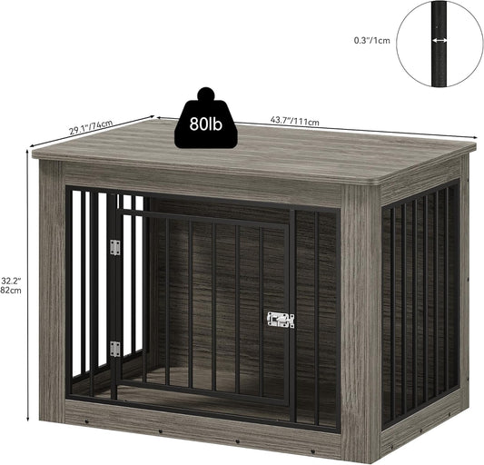 43.7" L Dog Crate Furniture for Large Dogs, 2-In-1 Iron-Wood Fusion Dog Cage Indoor up to 80 Lb, Modern Dogs Kennel Side End Table with Waterproof Top, Safety Corners, Steel Lock, Greige
