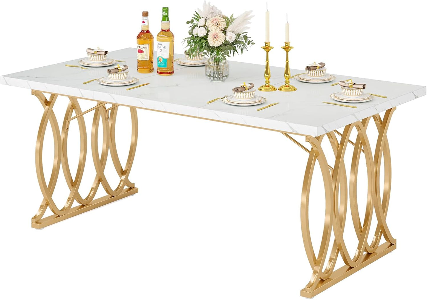 Modern Dining Table, 63" Large Kitchen Table for 4-6 People, Unique Rectangular Dinner Table Kitchen & Dining Room Furniture with Faux Marble Tabletop and Geometric Legs